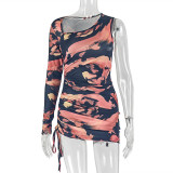 Women Slash Shoulder Asymmetrical Bodycon Pleated Long-Sleeved Printed Mini Dress