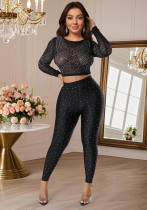 Women autumn rhinestone mesh sexy long-sleeved top and pant set