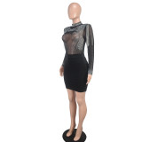 Women mesh rhinestone sexy bodycon dress Women Slash Shoulder Mesh Hollow-out Sequin Dress