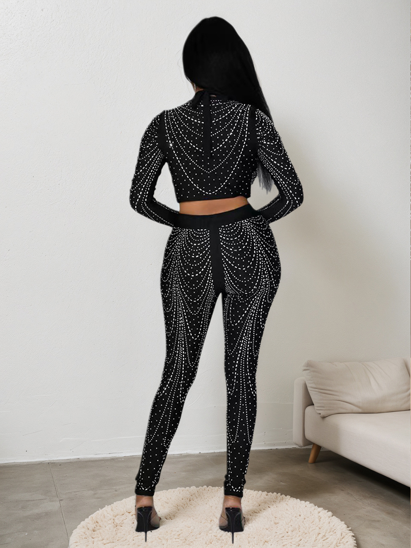 Women autumn rhinestone hollow-out sexy long-sleeved top and pant set