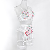 Women Lace Black Pu-Leather Bow Stretchy Halter Neck Lingerie Two-Piece Set