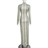 Women Autumn/Winter Snake Print Sexy Round Ring Long-Sleeved Hollow-Out Dress