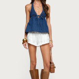 Women Sexy Halter Neck Tie-Waist V-Neck Denim Top