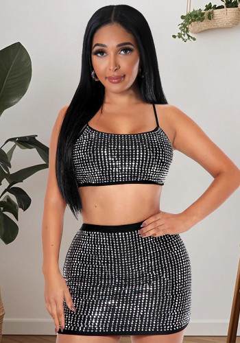 Women rhinestone suspender top and skirt set