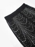 Women autumn rhinestone hollow-out sexy long-sleeved top and pant set