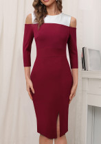 Women Spring/Autumn Color-Blocked Round Neck Off-Shoulder Slit Solid Bodycon Dress