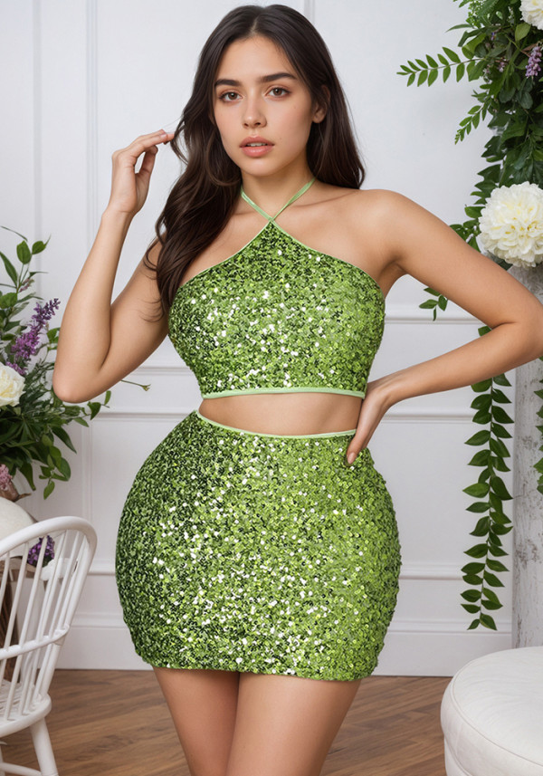 Women Halter Neck sequined sexy sleeveless top and skirt set