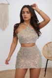 Women Halter Neck sequined sexy sleeveless top and skirt set