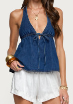 Women Sexy Halter Neck Tie-Waist V-Neck Denim Top