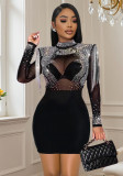 Women mesh rhinestone sexy bodycon dress Women Slash Shoulder Mesh Hollow-out Sequin Dress