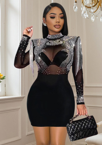 Women mesh rhinestone sexy bodycon dress Women Slash Shoulder Mesh Hollow-out Sequin Dress