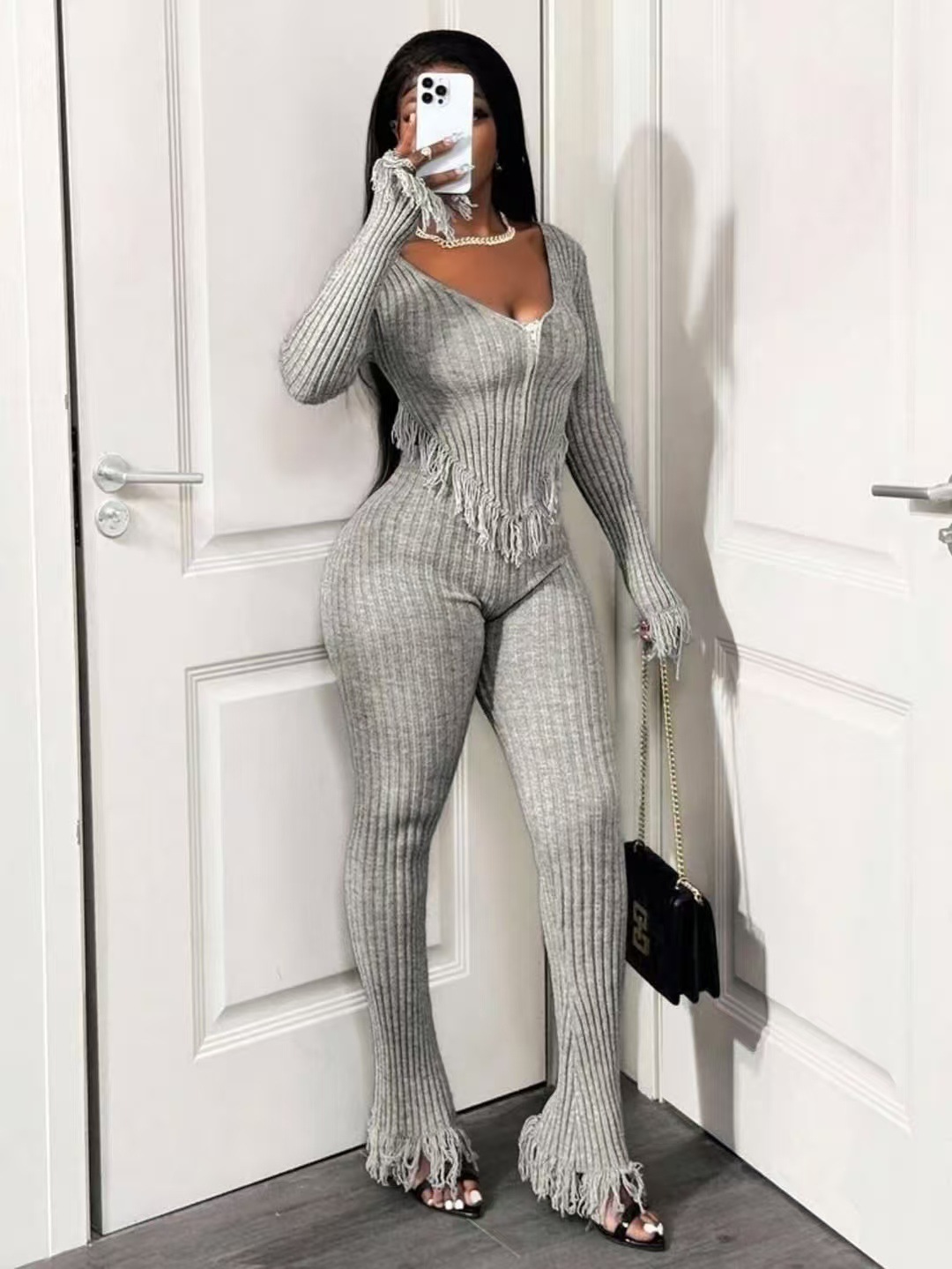 Women sexy knitting crochet casual top and pant set