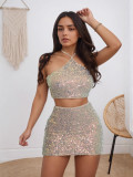 Women Halter Neck sequined sexy sleeveless top and skirt set