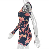 Women Slash Shoulder Asymmetrical Bodycon Pleated Long-Sleeved Printed Mini Dress