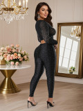 Women autumn rhinestone mesh sexy long-sleeved top and pant set