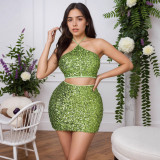 Women Halter Neck sequined sexy sleeveless top and skirt set