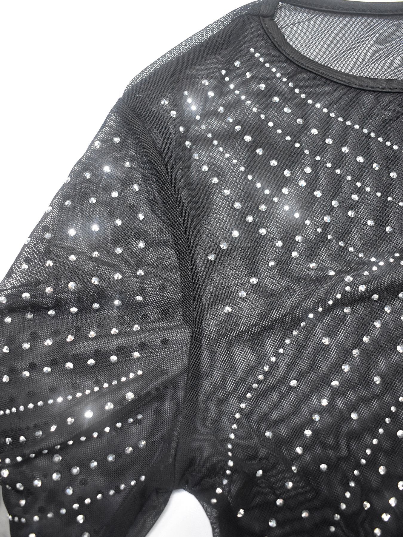 Women autumn rhinestone mesh sexy long-sleeved top and pant set