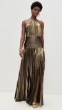 Women's Lace-up Halter-Neck Sleeveless Low-Back Slit Pleated Evening Dress