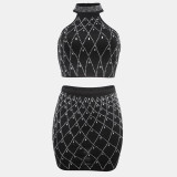 Women sleeveless Halter Neck Beaded top and skirt set