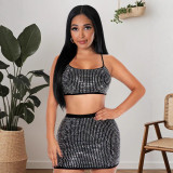 Women rhinestone suspender top and skirt set