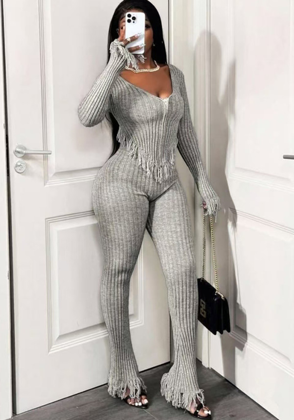Women sexy knitting crochet casual top and pant set
