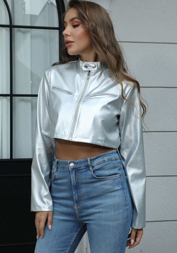 Women Autumn/Winter Stand Collar Zipper Pu-Leather Jacket