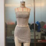 Women Sequined Drawstring Fishbone Strapless Top Women two-piece set with slit skirt