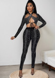 Women autumn rhinestone hollow-out sexy long-sleeved top and pant set