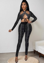 Women autumn rhinestone hollow-out sexy long-sleeved top and pant set