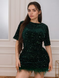 Women short-sleeved sequined round neck autumn bodycon dress