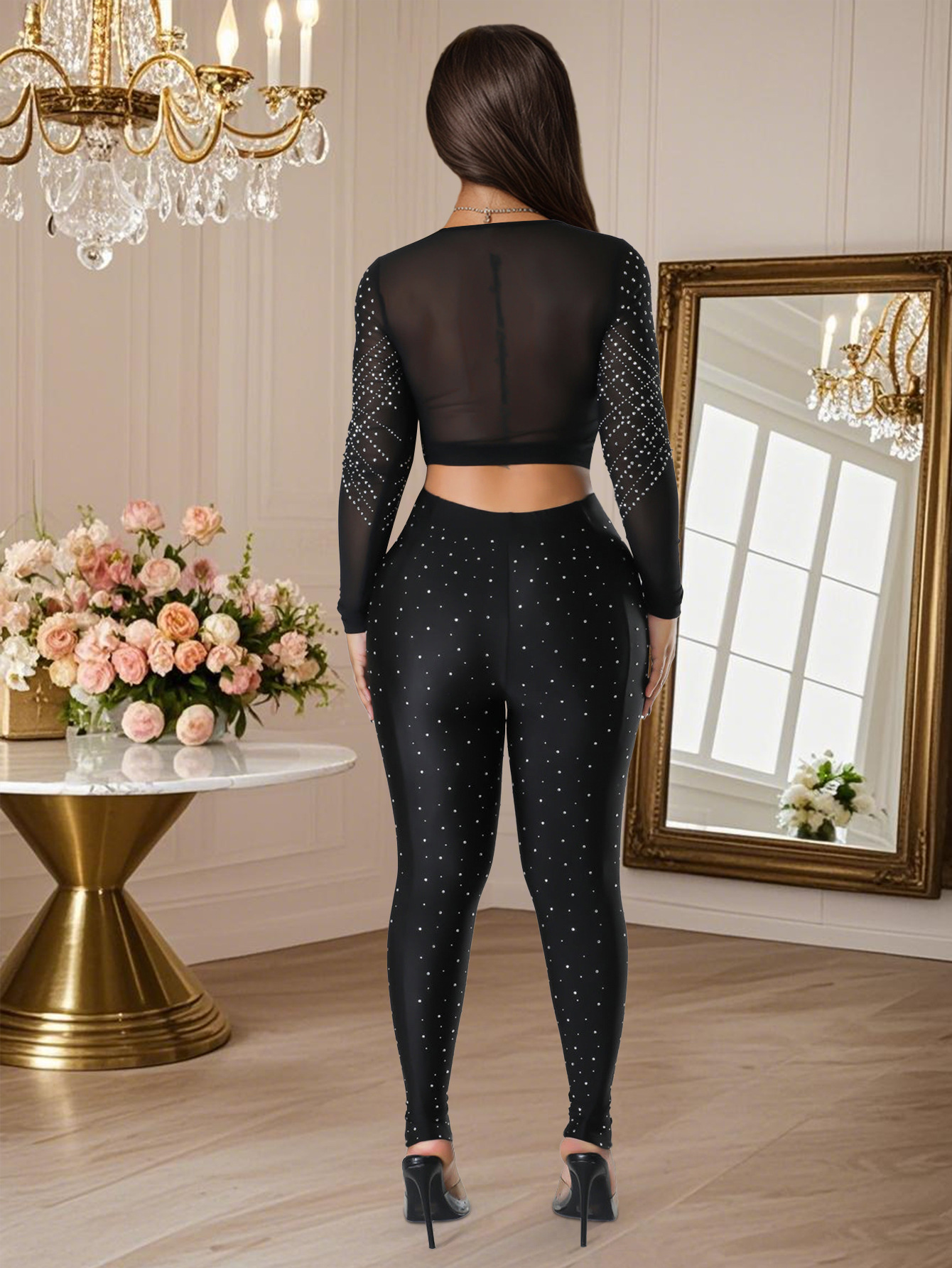 Women autumn rhinestone mesh sexy long-sleeved top and pant set