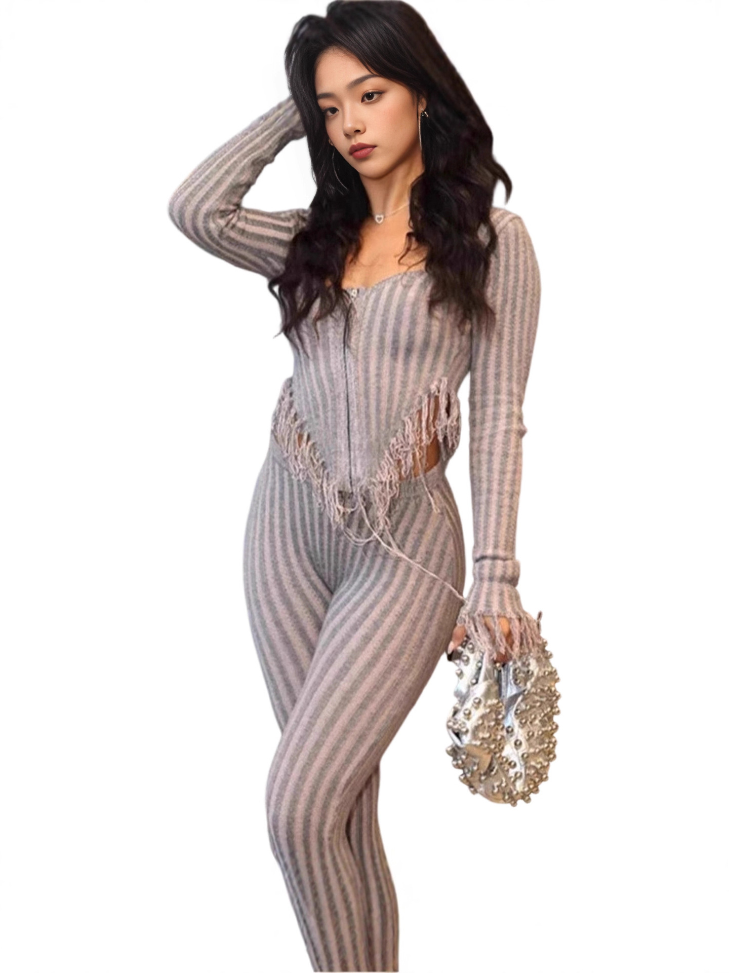 Women sexy knitting crochet casual top and pant set