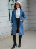 Women Autumn/Winter Blue Waist Maxi Wool Coat