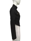 Women Black Stand Collar Zipper Irregular Jacket Autumn Top