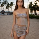 Women Sequined Drawstring Fishbone Strapless Top Women two-piece set with slit skirt