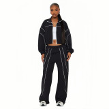 Women Casual Striped Color-Blocked Stand Collar Top and Pant Two-Piece Set