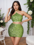 Women Halter Neck sequined sexy sleeveless top and skirt set