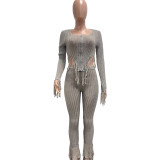 Women sexy knitting crochet casual top and pant set