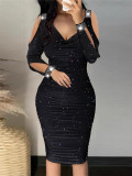 Women Elegant Gathered Beaded V-Neck Bodycon Dress