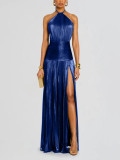 Women's Lace-up Halter-Neck Sleeveless Low-Back Slit Pleated Evening Dress