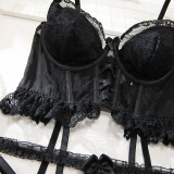 Women Sexy Mesh Ruffled Neck Lace-Up Long-Sleeved Top and Pants Two-Piece Set