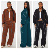 Women Casual Striped Color-Blocked Stand Collar Top and Pant Two-Piece Set