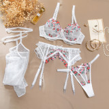 Women Lace Black Pu-Leather Bow Stretchy Halter Neck Lingerie Two-Piece Set