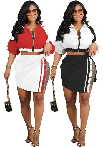 Women autumn/winter sexy color-blocked top and skirt set