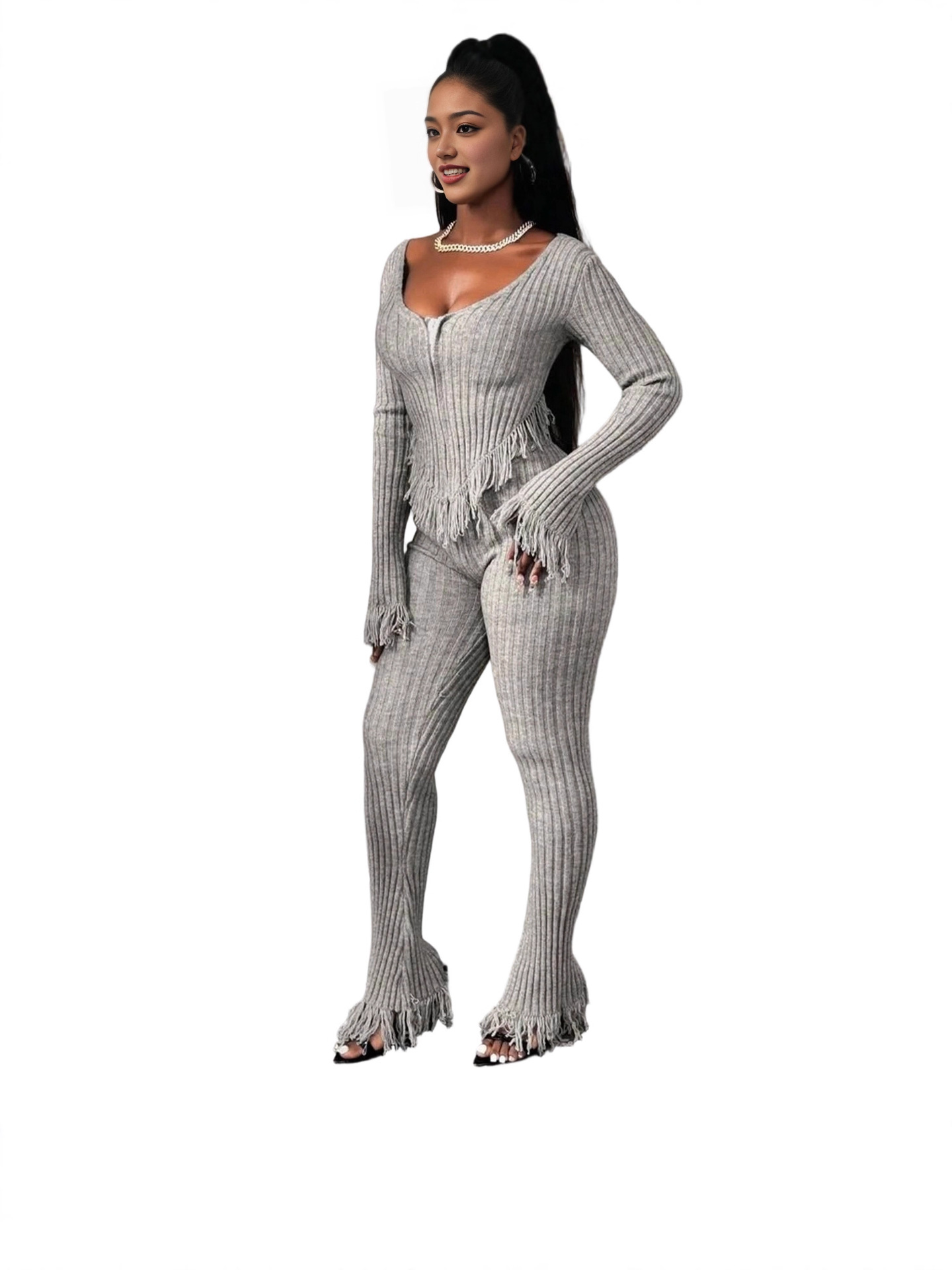 Women sexy knitting crochet casual top and pant set