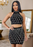 Women sleeveless Halter Neck Beaded top and skirt set