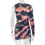 Women Slash Shoulder Asymmetrical Bodycon Pleated Long-Sleeved Printed Mini Dress
