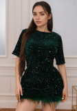 Women short-sleeved sequined round neck autumn bodycon dress
