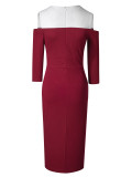 Women Spring/Autumn Color-Blocked Round Neck Off-Shoulder Slit Solid Bodycon Dress