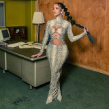 Women Autumn/Winter Snake Print Sexy Round Ring Long-Sleeved Hollow-Out Dress